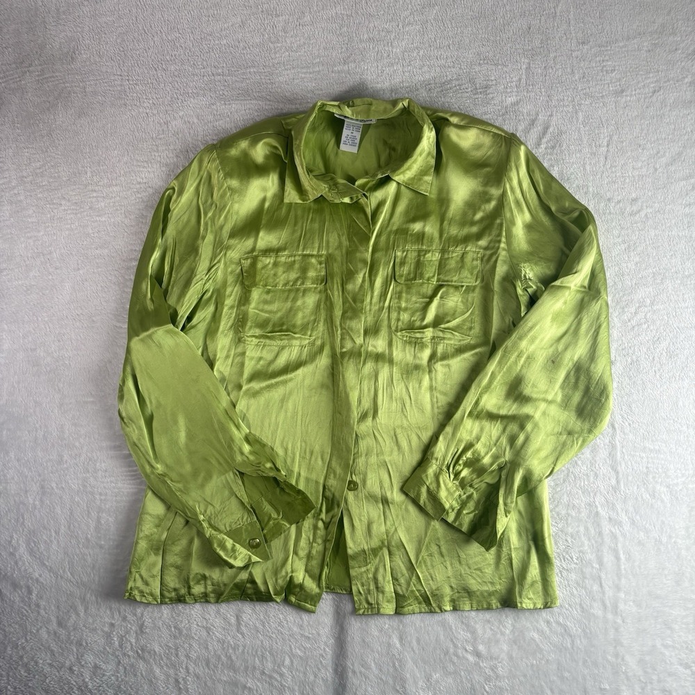 VTG Anna And Frank Green Long Sleeve Silk Collared Button Up Pajama Top Womens M